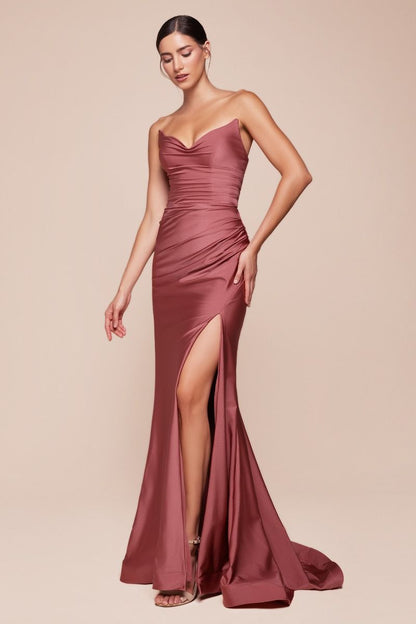 Black CIND strapless stretch satin bridesmaid gown with fitted silhouette and elegant design.