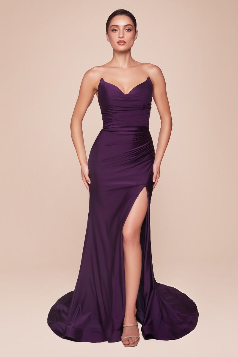 Black strapless satin bridesmaid gown by CIND, fitted and stretch fabric, elegant evening dress for formal occasions.