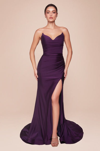 Black strapless satin bridesmaid gown by CIND, fitted and stretch fabric, elegant evening dress for formal occasions.