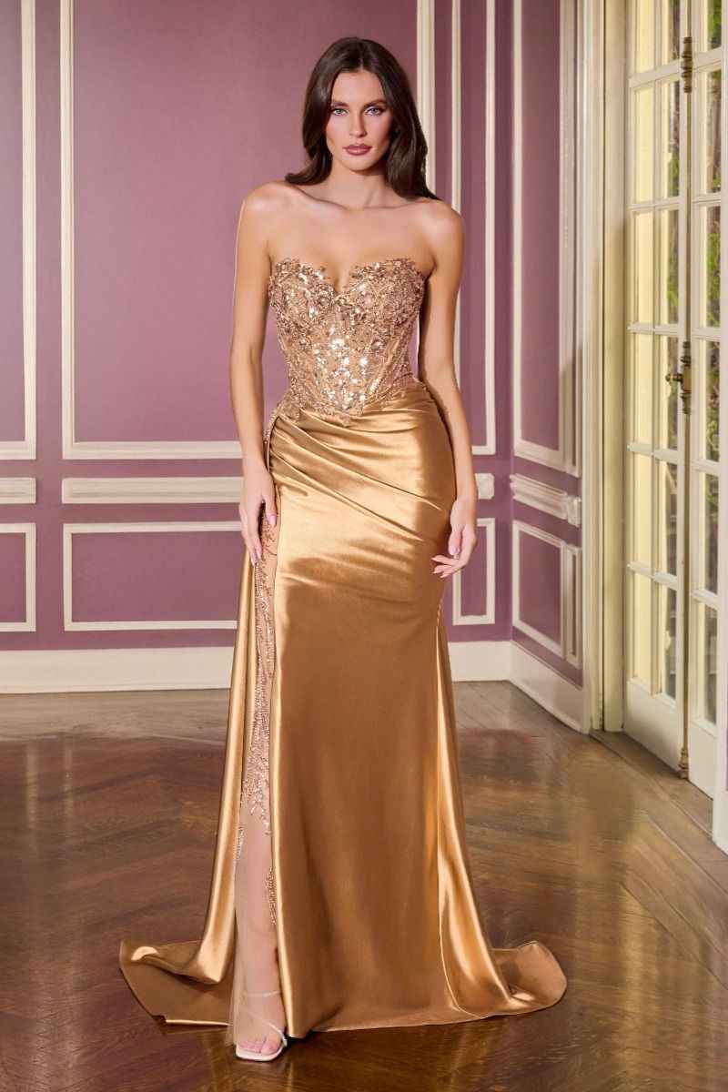 Black sequins embellished long graduation gown by CIND, featuring a corset bodice and side drape for elegant evening wear.