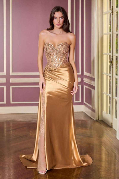Black sequins embellished long graduation gown by CIND, featuring a corset bodice and side drape for elegant evening wear.