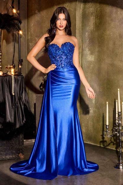 Black sequins embellished long evening graduation gown by CIND with corset bodice and side drape, elegant formal dress.