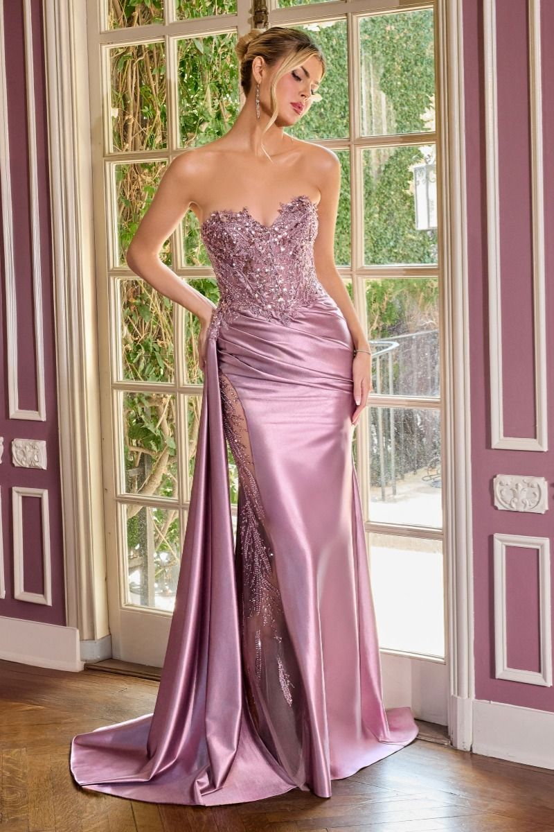 Black sequins embellished long graduation gown with corset bodice and side drape by CIND, perfect for elegant evening occasions.