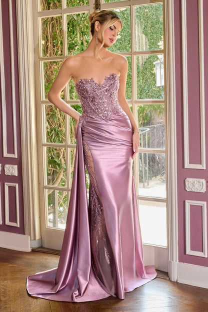 Black sequins embellished long graduation gown with corset bodice and side drape by CIND, perfect for elegant evening occasions.
