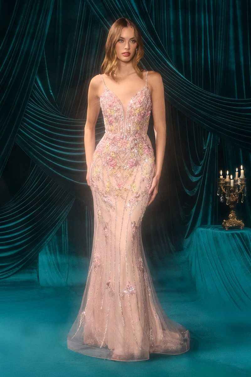 Pink lightweight tulle evening gown by CIND with plunging neckline, floral bead motif, perfect for ceremonial occasions.