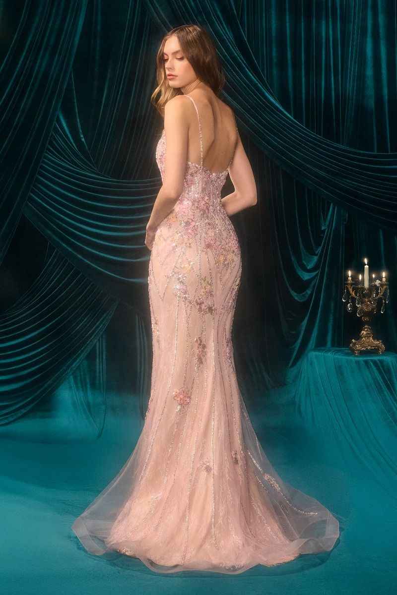 Pink lightweight ceremonial tulle evening gown by CIND with plunging neckline and floral bead motif.