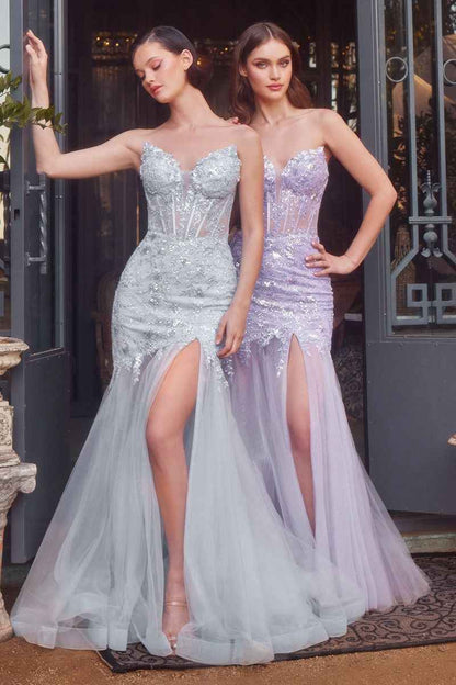 Black strapless mermaid prom dress by CIND with soft tulle, floral lace appliqué, and sheer corset bodice for elegant prom style.