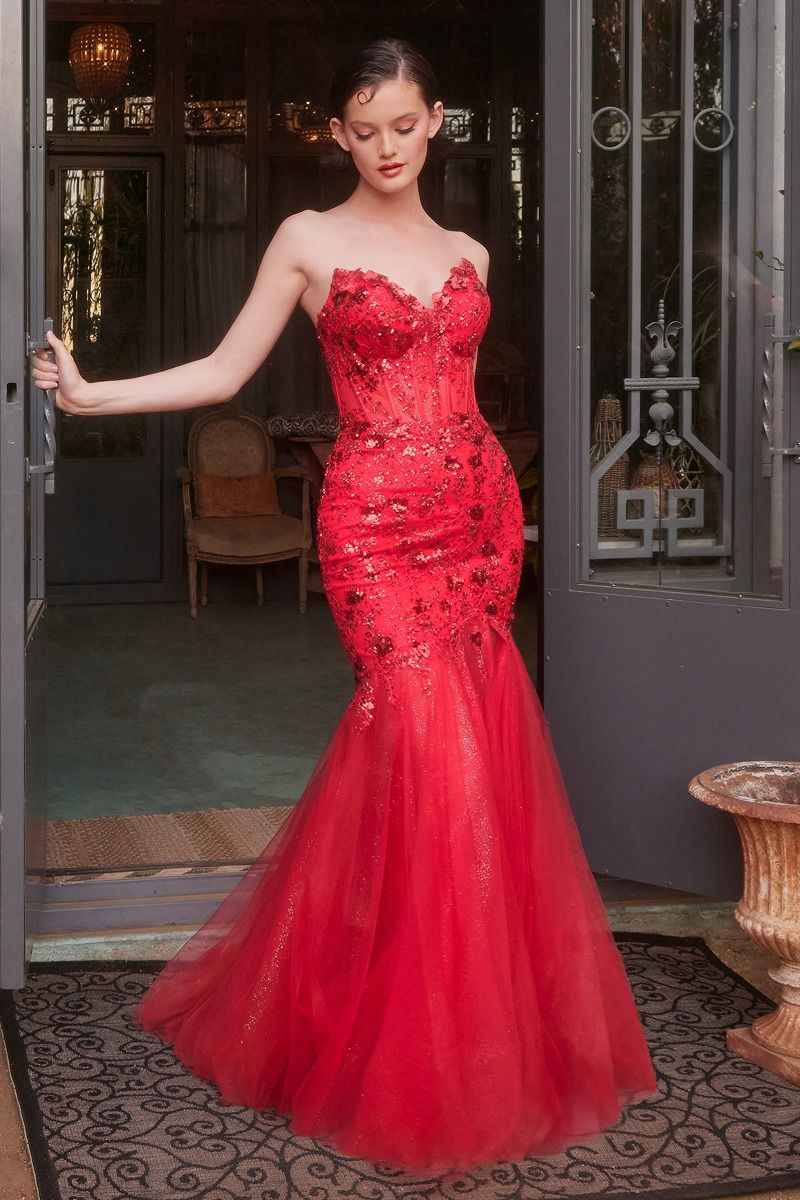 CIND strapless mermaid prom dress with soft tulle, floral lace appliqué, and sheer corset bodice in black and nude.