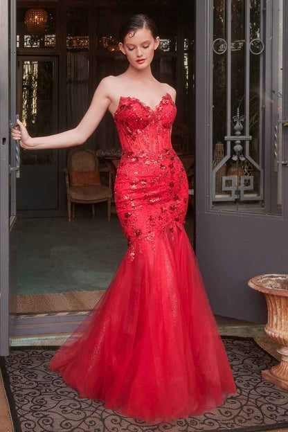 CIND strapless mermaid prom dress with soft tulle, floral lace appliqué, and sheer corset bodice in black and nude.