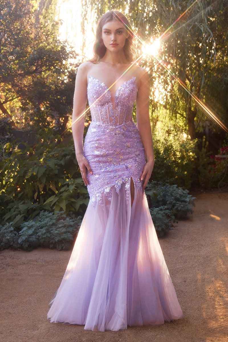 Black and nude strapless mermaid prom dress by CIND, featuring soft tulle, floral lace appliqué, and a sheer corset bodice.