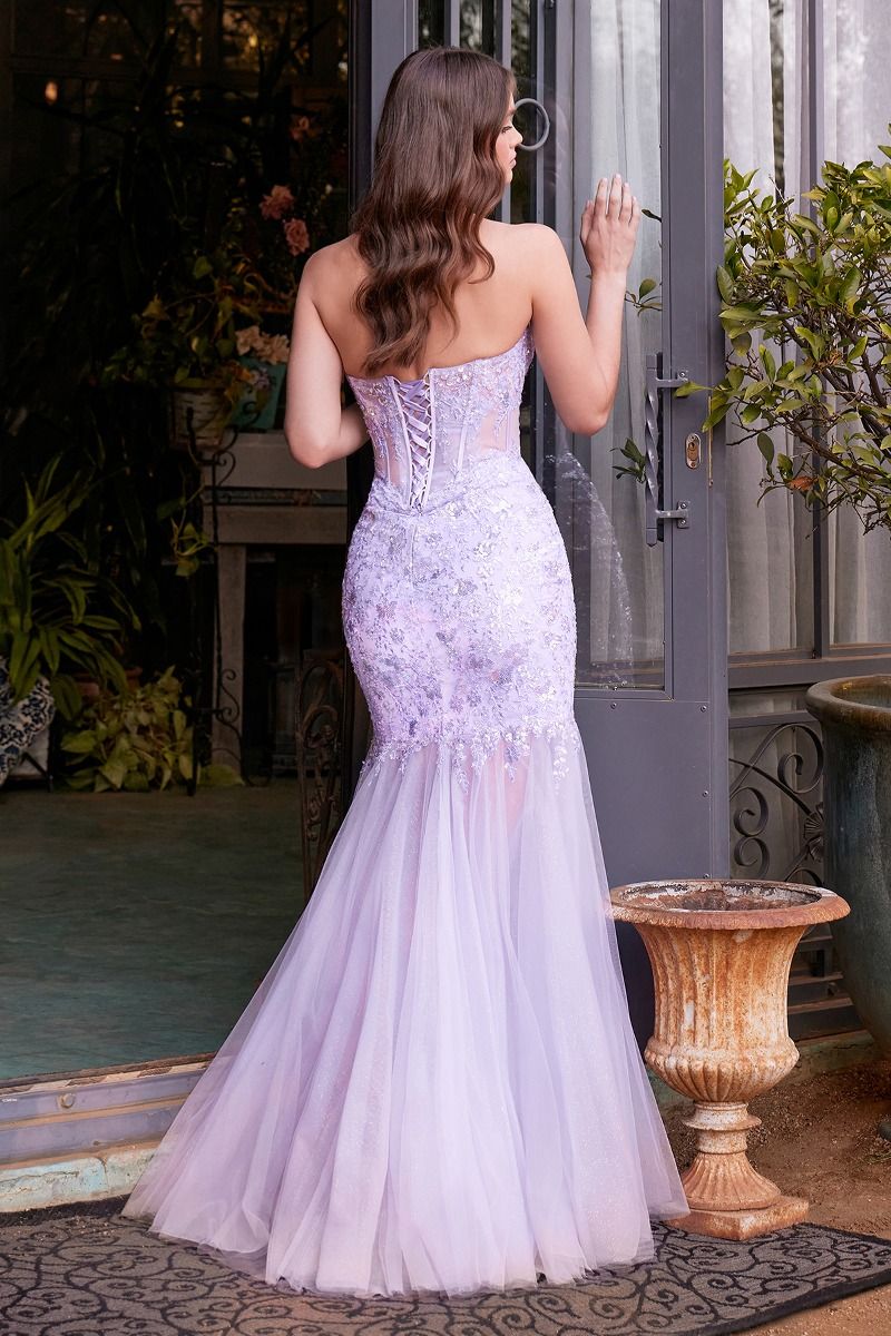 Black strapless mermaid prom dress by CIND featuring soft tulle, floral lace appliqué, and a sheer corset bodice.