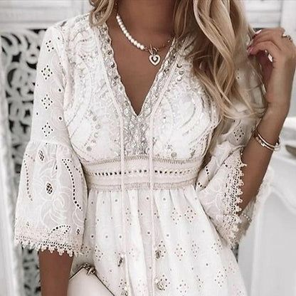 White lace embroidered romance dress by Country in My Heart, floral cotton dress for women with delicate lace details.