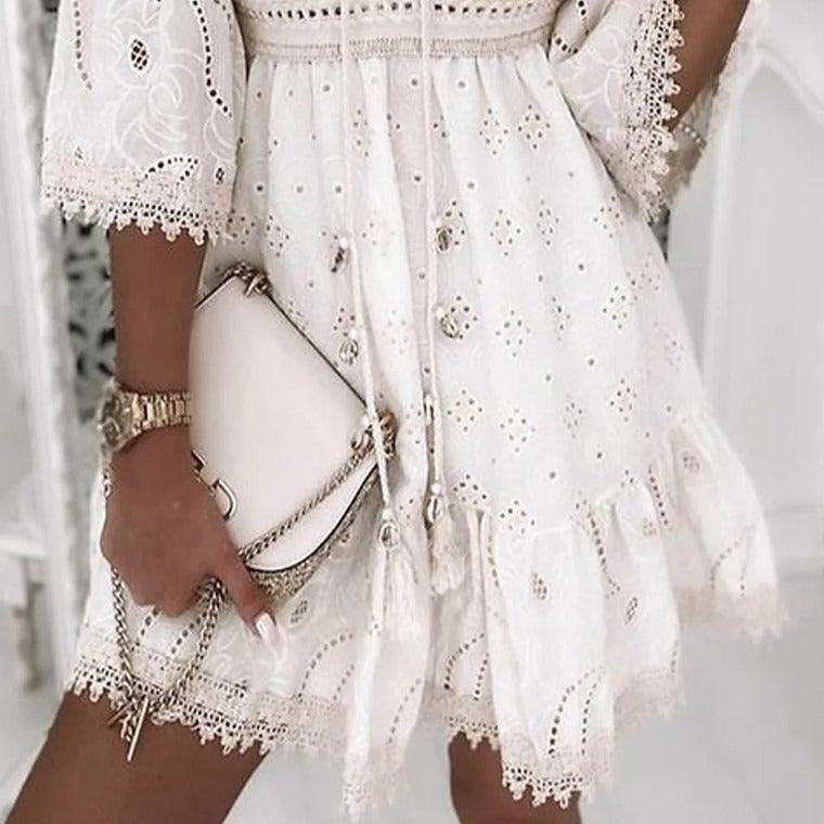 White lace embroidered romance dress by Country in My Heart, floral cotton dress for women with delicate embroidery and feminine style.