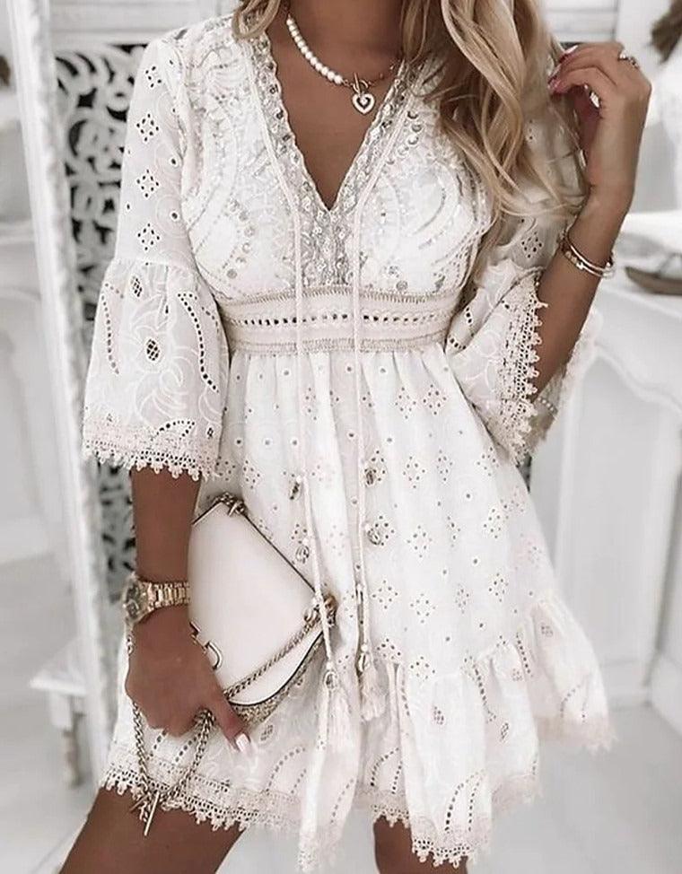 White lace embroidered romance dress for women by Country in My Heart, featuring a sweet floral cotton design and feminine style.