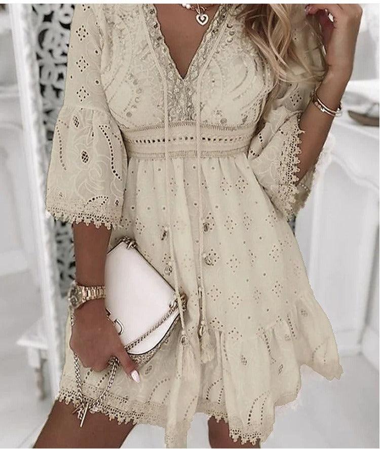 White lace embroidered romance dress by Country in My Heart, floral cotton dress for women with delicate lace details and a fresh, sweet style.