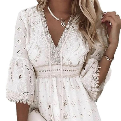 White lace embroidered romance dress by Country in My Heart featuring floral cotton fabric and a sweet, fresh style for women.