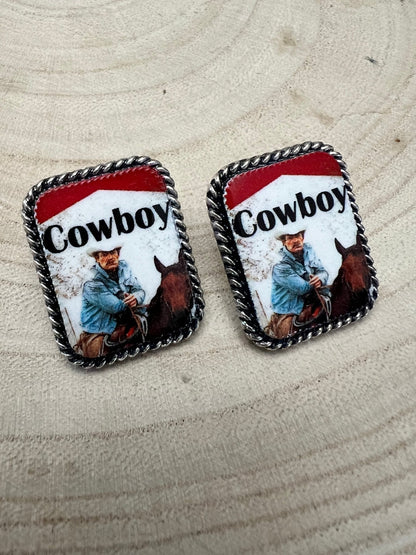 Western cowboy cigarette earrings by Cowhide and Conchos, petite 1-inch fashion jewelry featuring cowhide and concho accents.