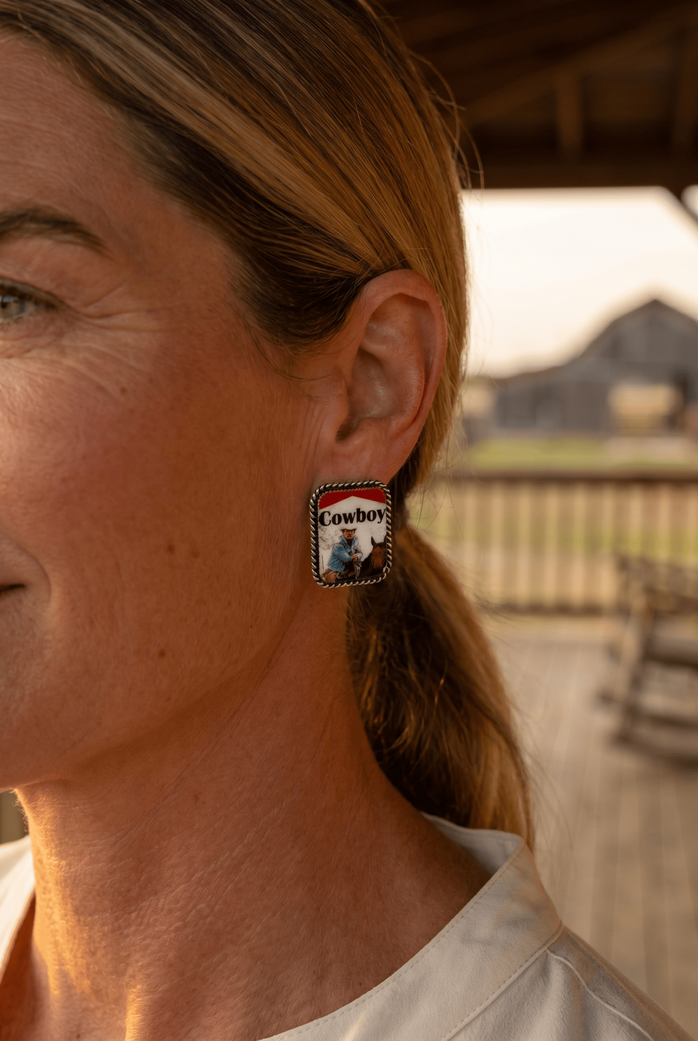 Western Cowboy Cigarette Earrings by Cowhide and Conchos, petite 1-inch Western fashion jewelry with cowhide and concho details