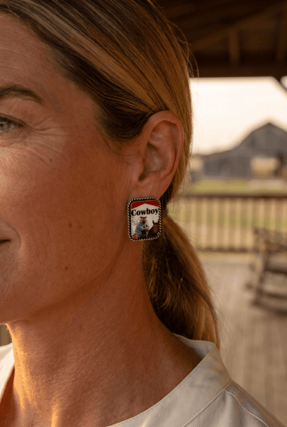 Western Cowboy Cigarette Earrings by Cowhide and Conchos, petite 1-inch Western fashion jewelry with cowhide and concho details