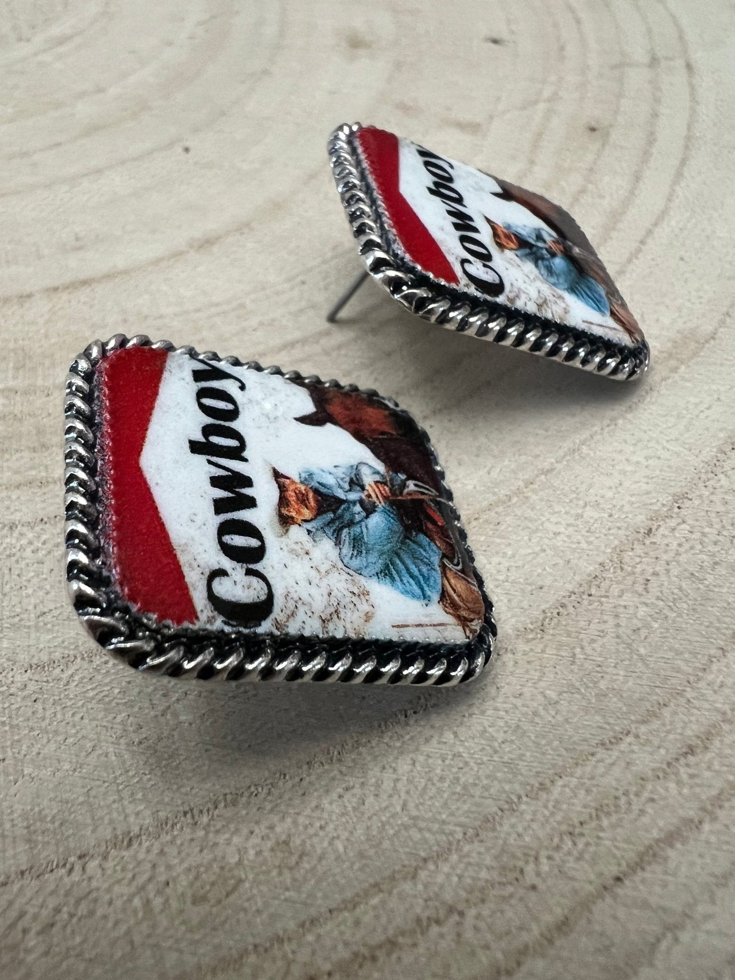 Western cowboy cigarette fashion earrings by Cowhide and Conchos, petite 1-inch Western statement jewelry with cowhide and concho details
