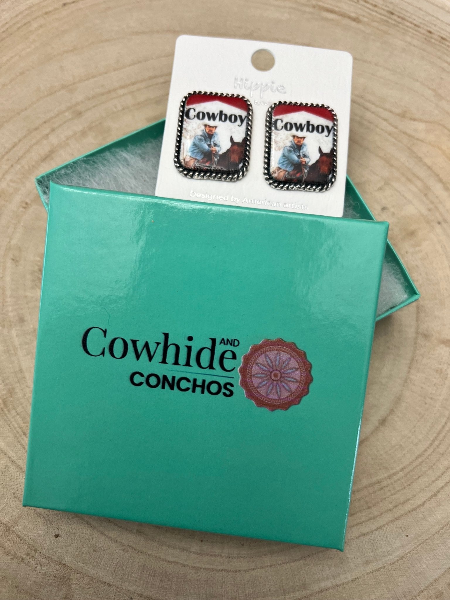 Western cowboy cigarette earrings by Cowhide and Conchos, petite 1-inch Western statement fashion jewelry with cowhide and conchos design.