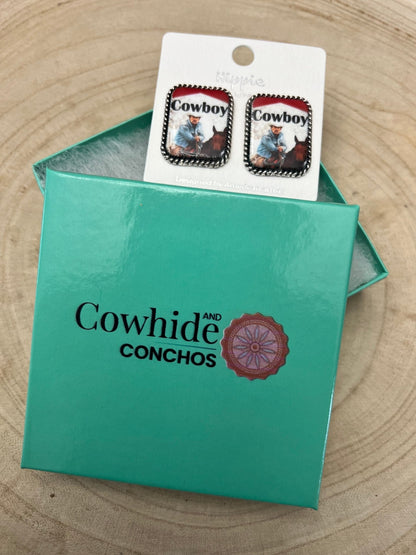 Western cowboy cigarette earrings by Cowhide and Conchos, petite 1-inch Western statement fashion jewelry with cowhide and conchos design.
