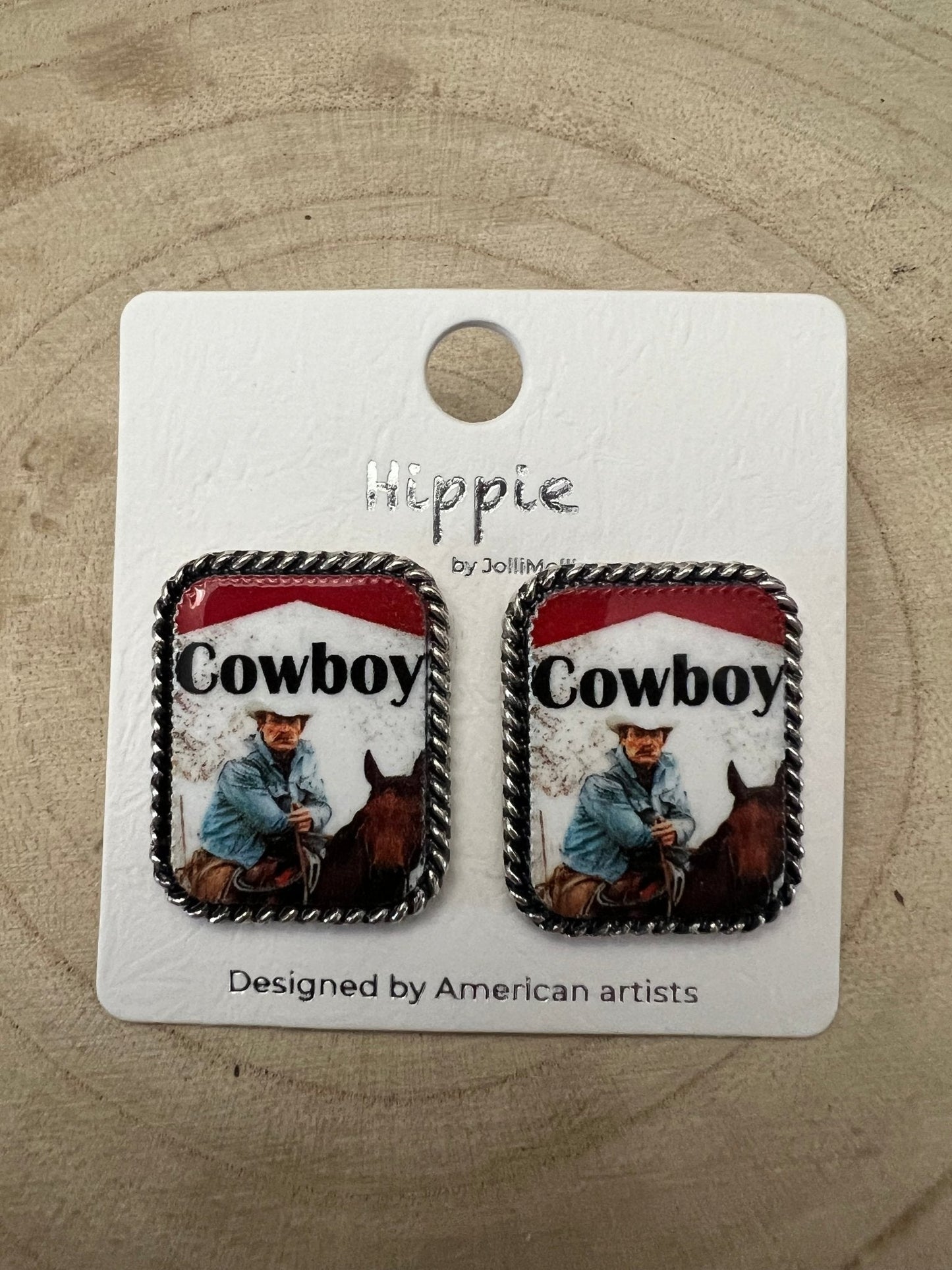 Western Cowboy Cigarette Fashion Earrings by Cowhide and Conchos, petite 1-inch earrings with cowhide and concho accents.