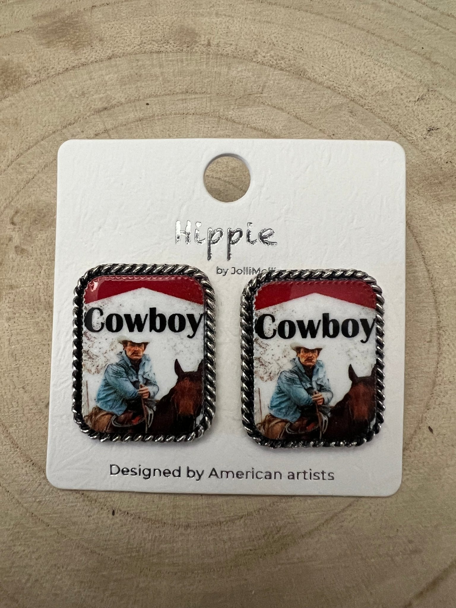 Western Cowboy Cigarette Fashion Earrings by Cowhide and Conchos, petite 1-inch earrings with cowhide and concho accents.