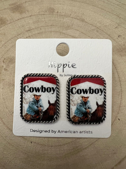 Western Cowboy Cigarette Fashion Earrings by Cowhide and Conchos, petite 1-inch earrings with cowhide and concho accents.