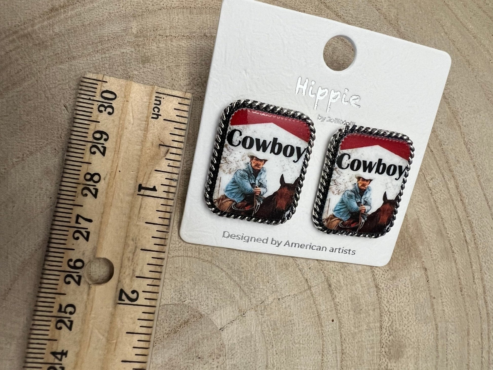 Western Cowboy Cigarette Earrings by Cowhide and Conchos featuring cowhide and concho details, 1-inch petite statement jewelry.