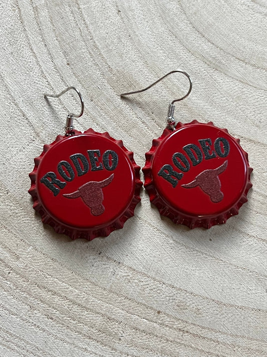 Western Rodeo Steer Head Beer Cap Earrings by Cowhide and Conchos featuring bull motif and Western style fashion jewelry.