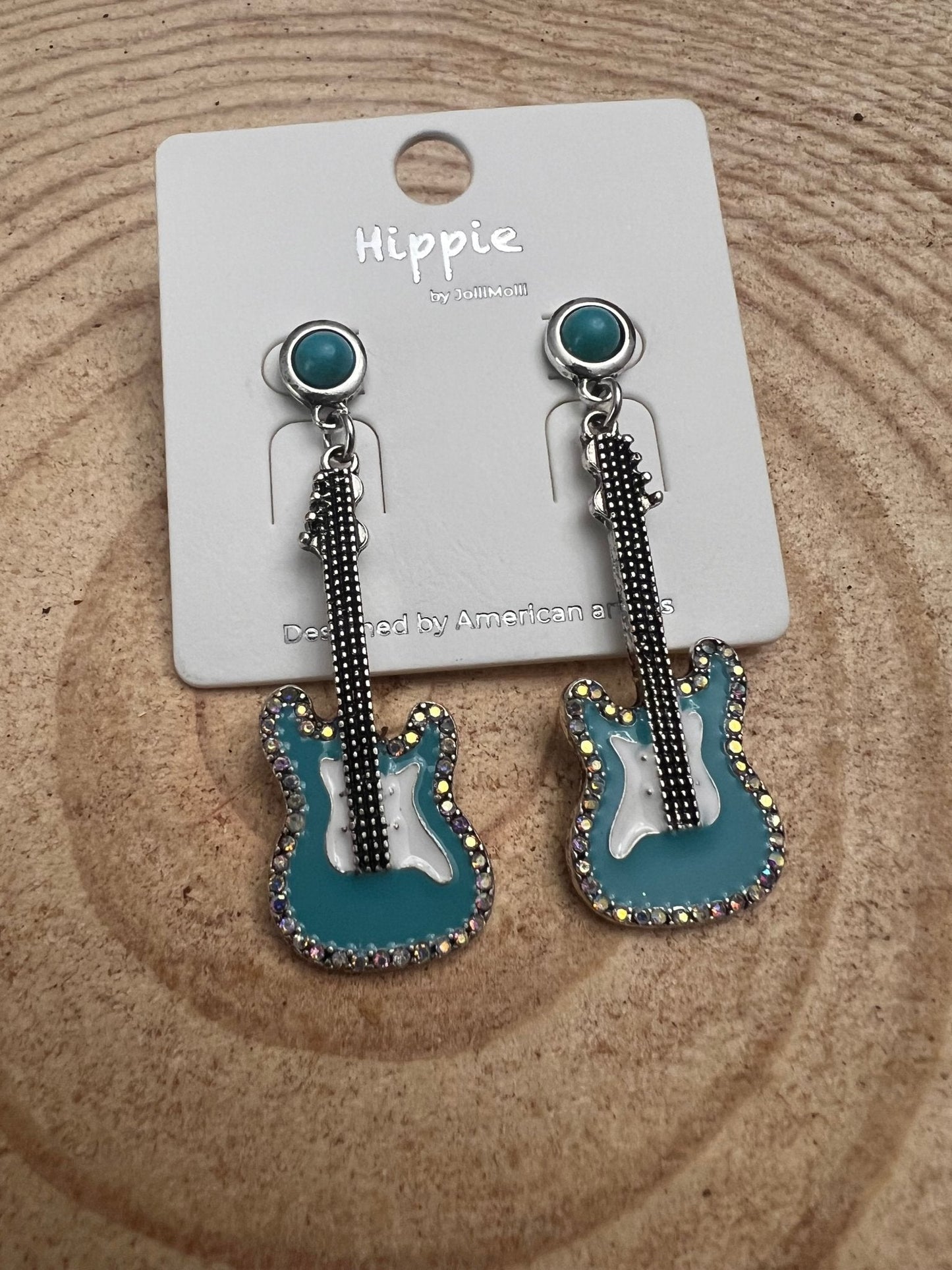 Western turquoise guitar dangle earrings from Cowhide and Conchos, 2-inch drop, stylish country music-inspired fashion jewelry.