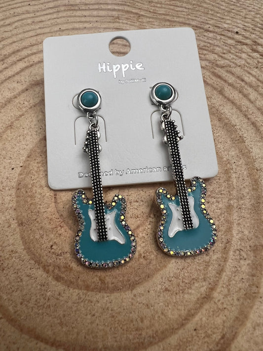 Western turquoise guitar dangle earrings from Cowhide and Conchos, 2-inch drop, stylish country music-inspired fashion jewelry.