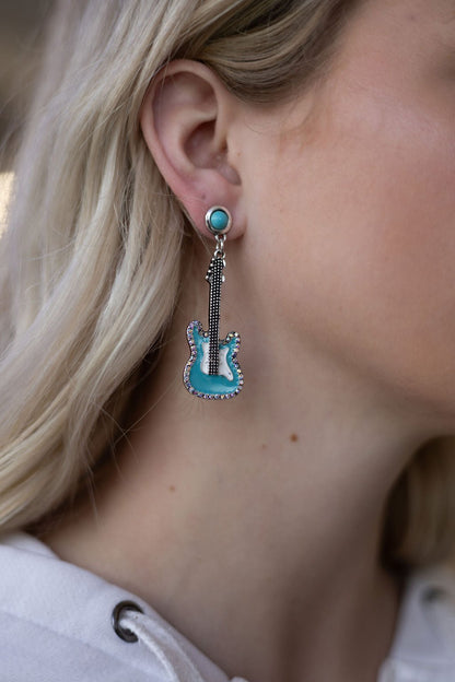 Western Turquoise Guitar Dangle Earrings by Cowhide and Conchos, 2-inch drop, stylish country music-themed fashion jewelry.