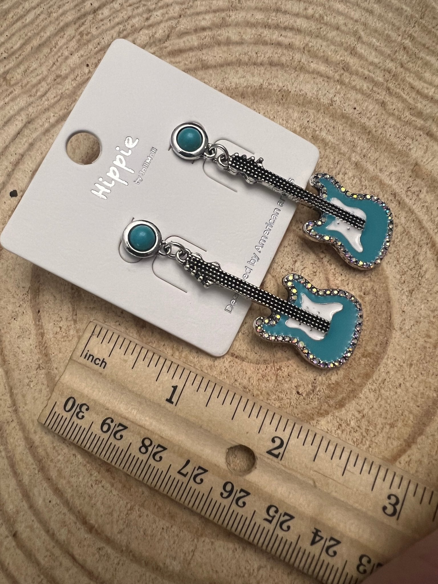 Western Turquoise Guitar Dangle Earrings by Cowhide and Conchos, 2-inch drop, stylish country music-inspired fashion jewelry