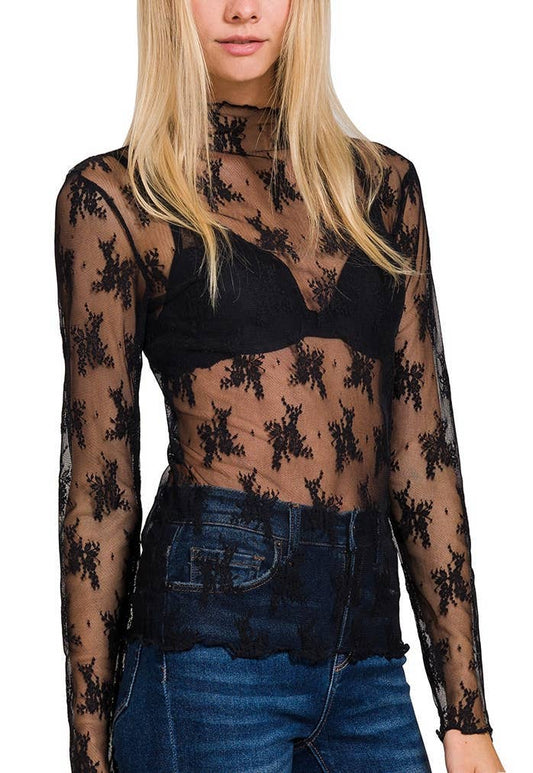 Black Vanilla Monkey Western sheer lace long sleeve layering top for women, floral lace stretch blend, available in four colors.