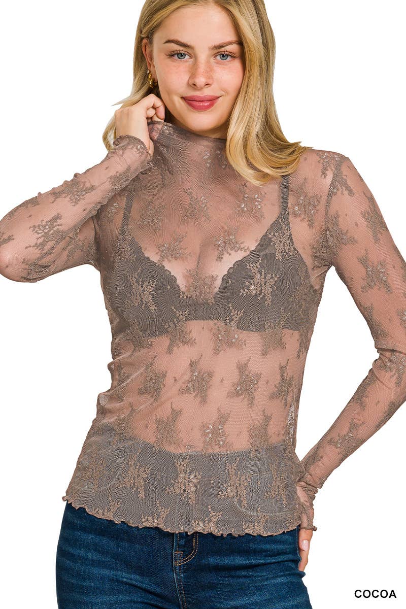 Cowhide and Conchos women's Vanilla Monkey Western sheer lace long sleeve layering top in black with floral lace and stretch blend fabric.