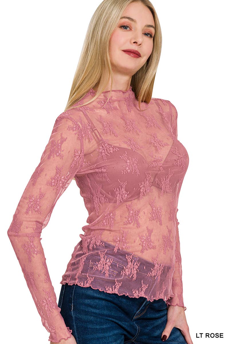 Vanilla Monkey Western sheer lace long sleeve layering top for women, floral lace stretch blend, available in four colors.