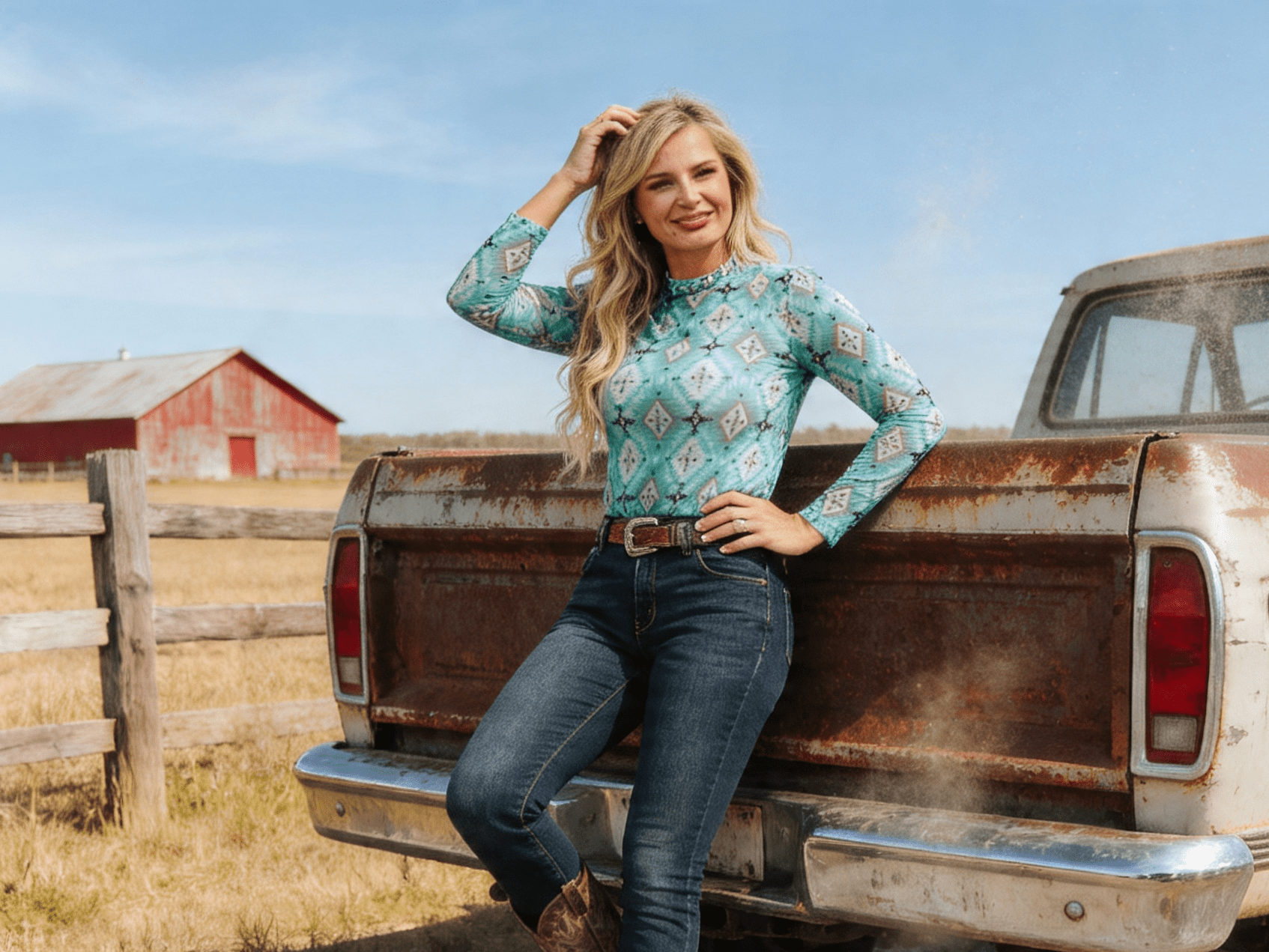 Cowhide and Conchos women's turquoise Aztec print long sleeve mesh western top with bold Southwestern geometric design.