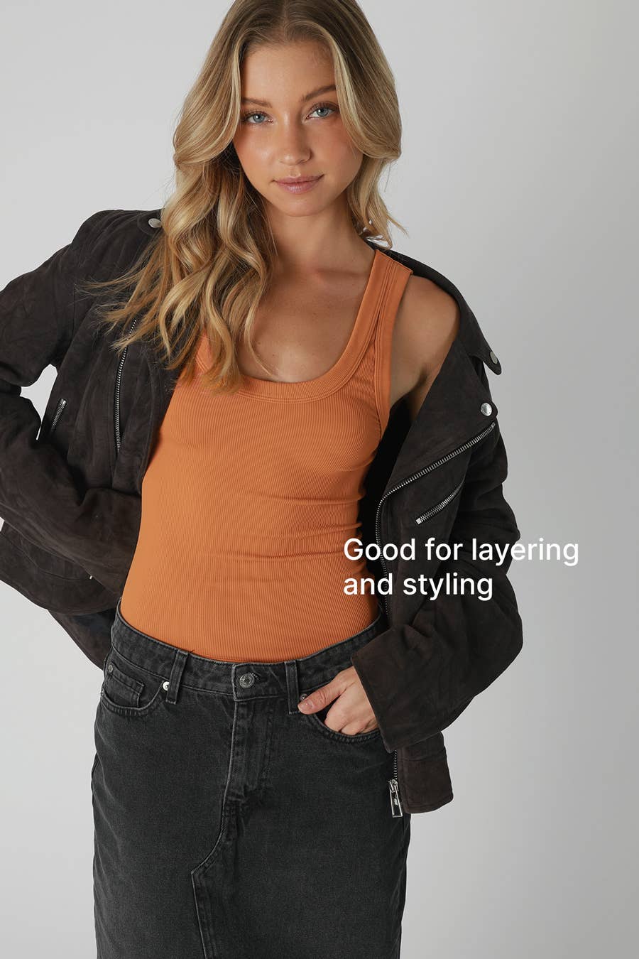 NikiBiki reversible ribbed Western tank top for women, scoop or crew neck, made in USA, stylish and comfortable women's top.