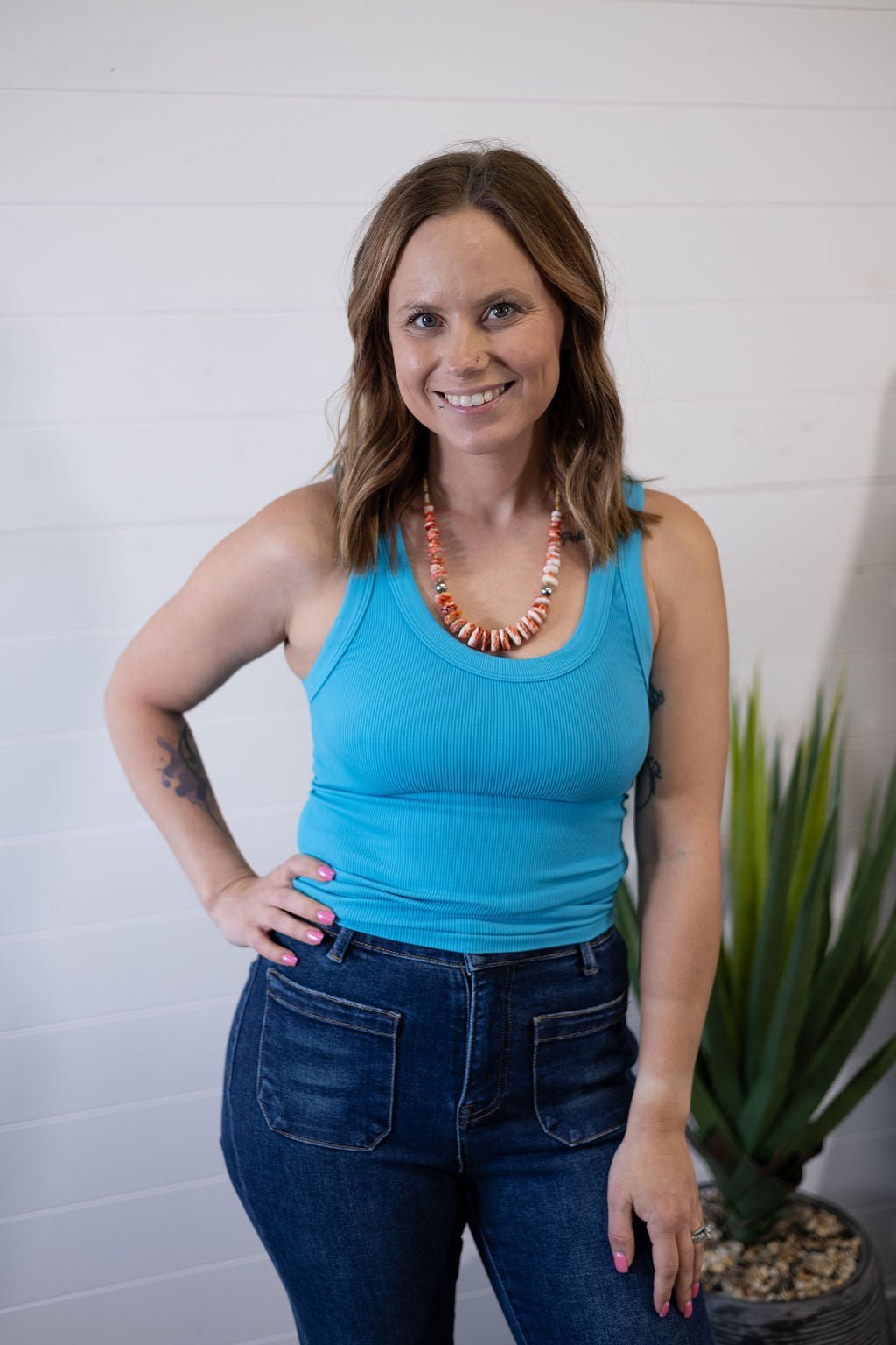 Cowhide and Conchos women's reversible ribbed Western Basics tank top with scoop or crew neck, made in USA.