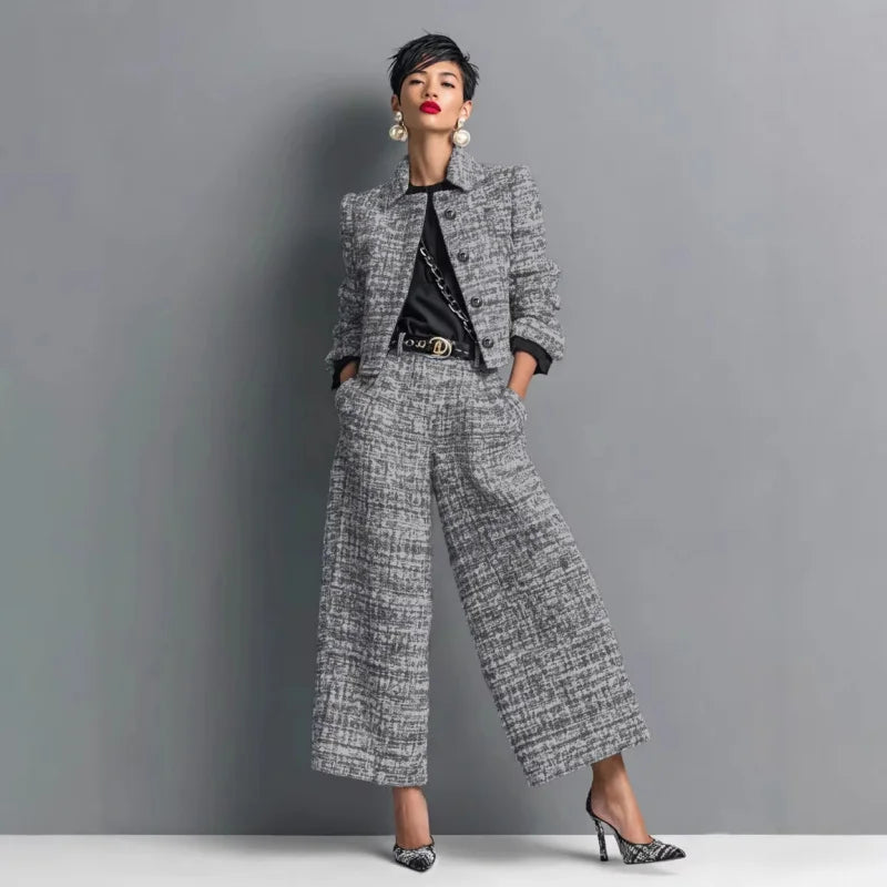 QICHE New 2026 Women European Matching Set Lapel Long‑Sleeve Cropped Jacket Slim‑Fit Wide‑Leg Pants Outfit