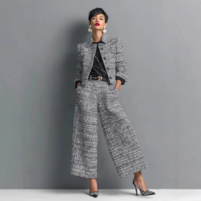 QICHE New 2026 Women European Matching Set Lapel Long‑Sleeve Cropped Jacket Slim‑Fit Wide‑Leg Pants Outfit