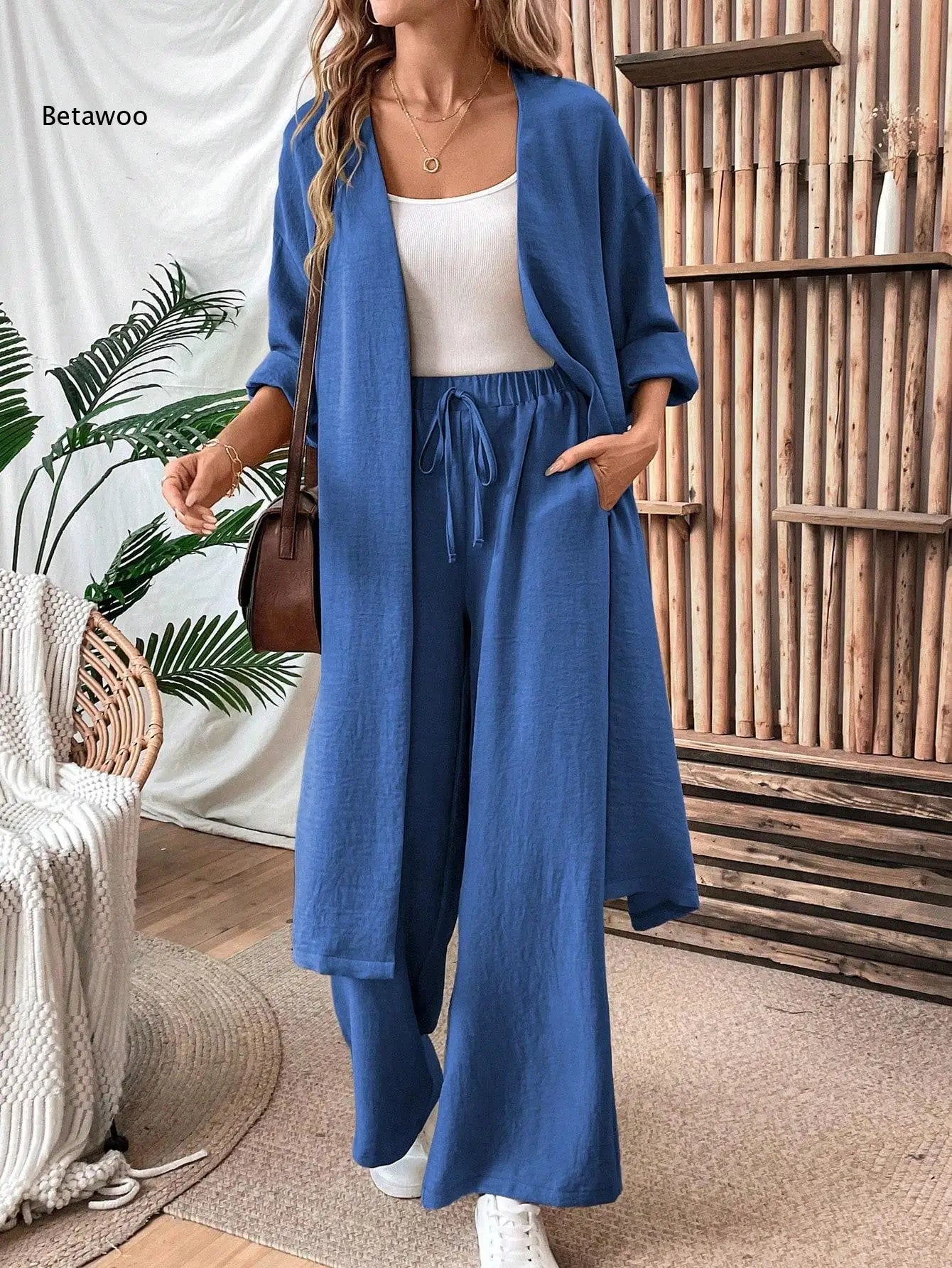 Women Two Piece Outfit Long Open Front Cardigan and Elastic Waist Wide Leg Pants Set Loose Casual Suit for Vacation Daily Wear