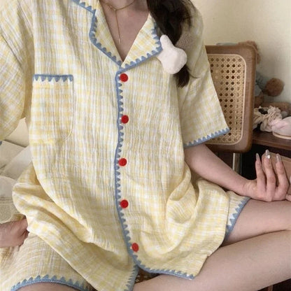 Cute Summer Color-Block Checkered Pajamas for Women: Short-Sleeve Set, Sweet Loungewear Two-Piece Set, Women's Summer Clothing