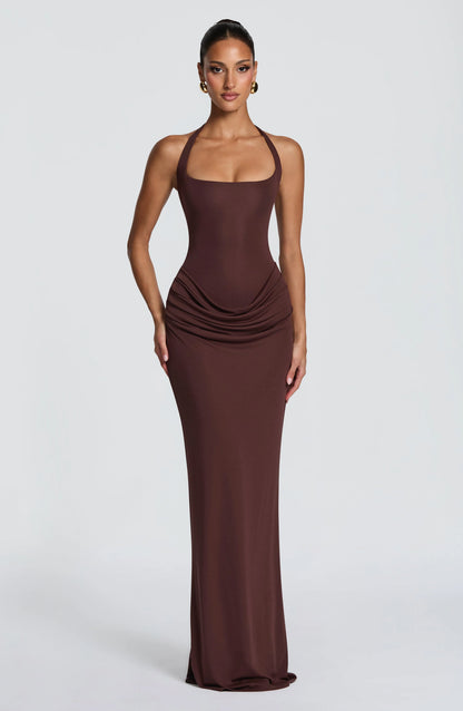 Halter Square Neck Maxi Dress Waist Draped Ruched Bodycon Mermaid Long Gown Elegant Wedding Guest Evening Party Women Dress