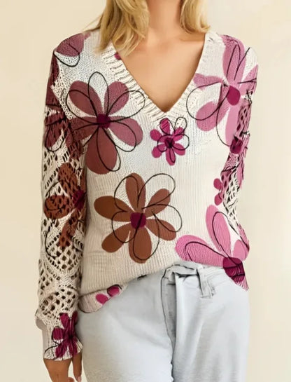 Bohemian Floral V-Neck Pullover | Hollow Print Long Sleeve Knitting Sweater | 2025 Fashion Casual Top (Characters: 78)