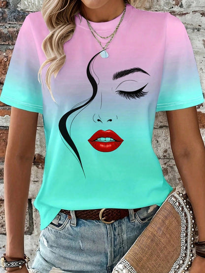 Women's T-Shirt Abstract Face Line Art Graphic Print Tops Casual O-Neck Short Sleeve Tee Summer Outdoor Fashion Female Clothing