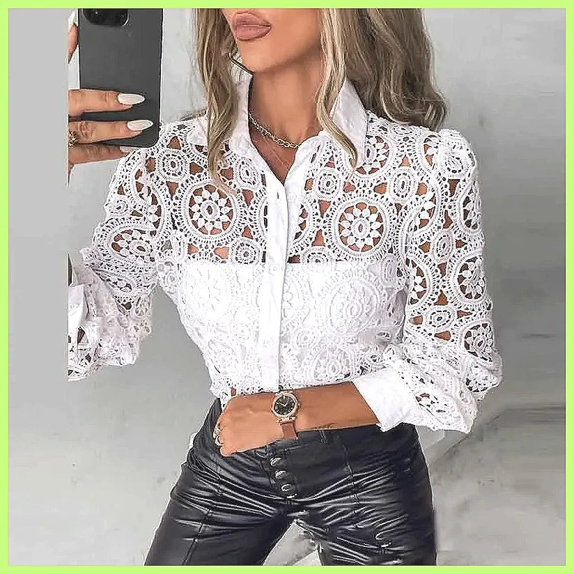 2025 Women's White Lace Shirt, Elegant Hollow Out Vintage Top Long Sleeve Blouse
