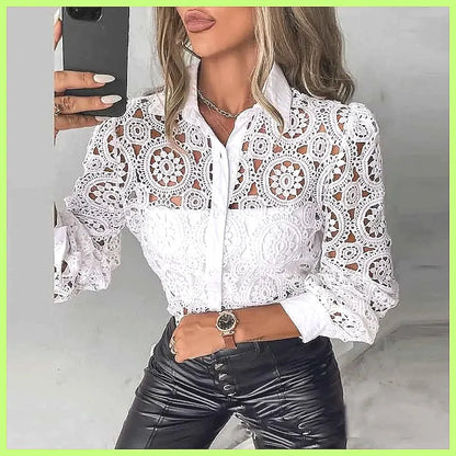 2025 Women's White Lace Shirt, Elegant Hollow Out Vintage Top Long Sleeve Blouse